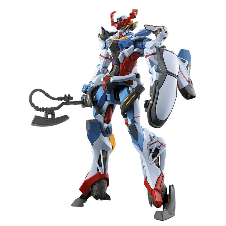 Bandai HG 1/144 GQuuuuuuX built front view in white, blue and red with yellow accents, red head crest, axe in one hand and the shield on the opposite arm, hooked feet planted.