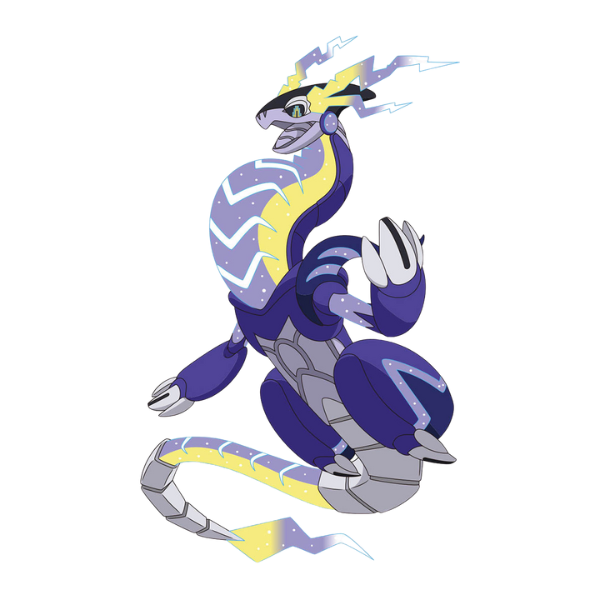 A digital illustration of the Bandai Pokemon Plamo Collection 59 Select Series Miraidon, a futuristic and colorful robot Pokemon.