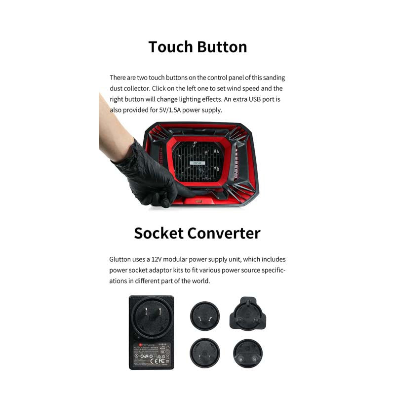 Dspiae T1 Sanding Dust Collector simple one button operation plus handy usb port and a variety of plug adaptors suitable for most countries