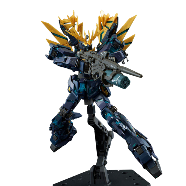 P-Bandai RG 1/144 UNICORN GUNDAM 02 BANSHEE NORN (FINAL BATTLE Ver.) action pose with weapon. 