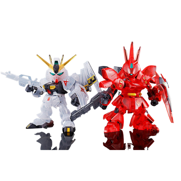 Gundam Express Australia Gundam Base Limited SDW Heroes Nu Gundam vs Sazabi Set (Clear Colour)  front view holding a rifle