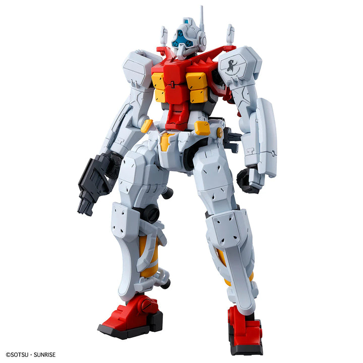 Bandai HG 1/144 Sugai's Gelgoog (GQ) front view, official Bandai render, in moulded white, red and yellow with a red backpack and a rifle in each hand.