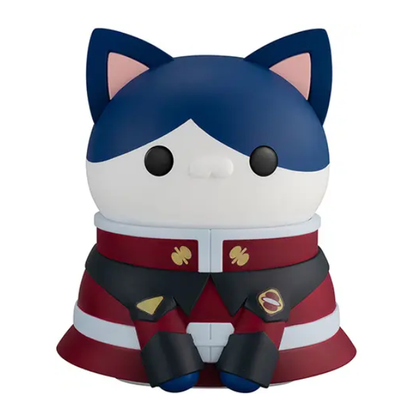 MegaHouse Mega Cat Project Big Nyantomo SEED Athrun Zala front view, a round cat figure with dark blue hair and ears, white face and a red uniform with black collar and gold badges, seated with dark gloved paws forward.