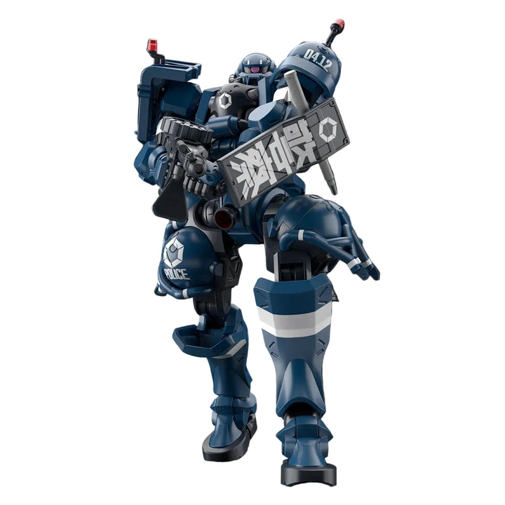 Bandai HG 1/144 Military Police Zaku built, front three-quarter view in a bracing stance holding the large shield with its police marking, dark blue suit with red emergency lights on both shoulders and a white band on the leg.