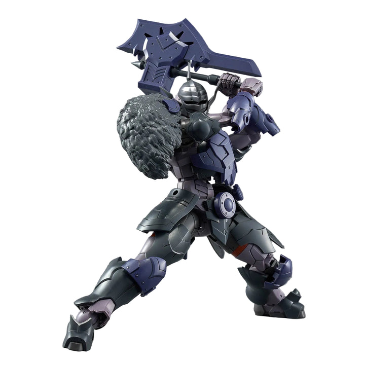 Bandai 30MF Class Up Armor (Rozen Viking) armour fitted to a figure that is sold separately in a wide lunging pose, with the large axe raised over the shoulder and the fur mantle on the shoulder.