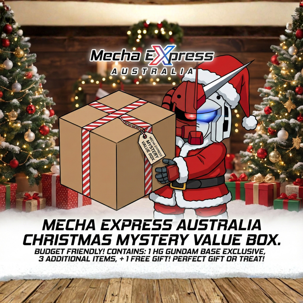 Mecha Express Australia Mr Mecha Man dressed in Christmas outfit holding the Mystery Value Box