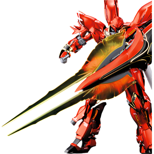 Bandai 1/100 MG Sinanju Ver. Ka Titanium Finish action pose with weapon. 