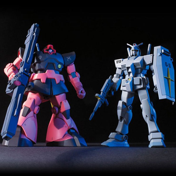Bandai 1/144 HGUC RX-78-3 G3 Gundam + Char's Custom Rick Dom front on view.