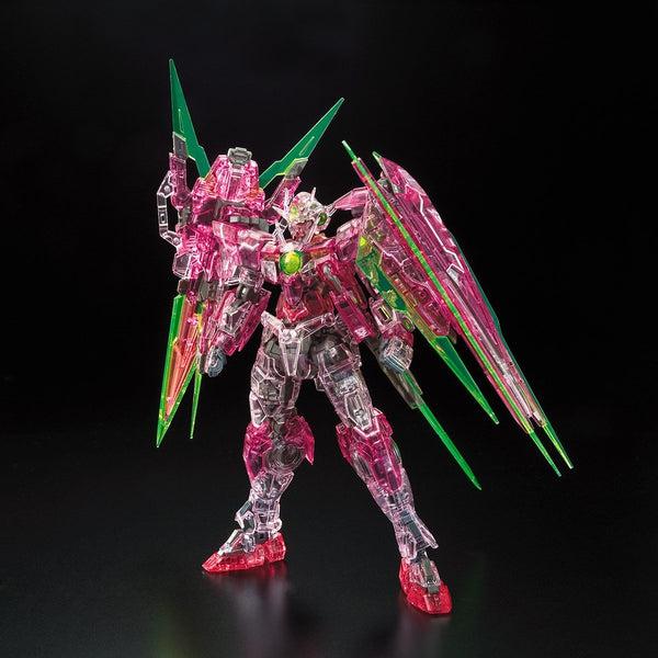 Bandai RG 1/144 Gundam Base Limited 00 QAN[T] Full Saber [Trans Am Clear] front on view.